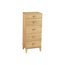 Byrå i ek med fem lådor och moderna handtag, skandinavisk design på vita ben