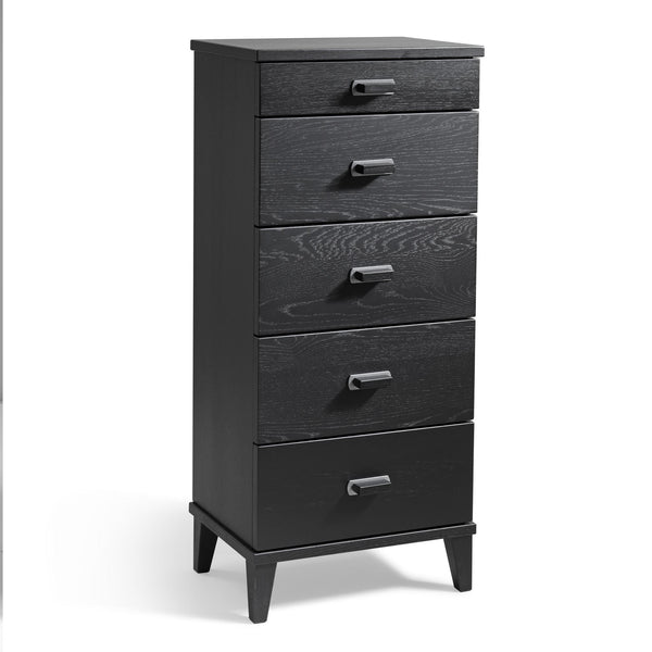 Svart byrå med fem lådor och metallhandtag, moderna sneda ben, skandinavisk design