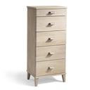 Smal byrå med fem lådor i ljust trä med metalhandtag och koniska ben i skandinavisk design