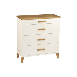 Vit byrå med fyra lådor och ektopp, trähandtag och träben i skandinavisk stil