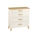 Vit byrå med fyra lådor och trädetaljer i ek, moderna träben och trähandtag