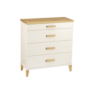 Vit byrå med fyra lådor och trädetaljer i ek, moderna träben och trähandtag