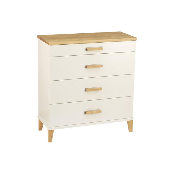 Vit byrå med fyra lådor och trädetaljer i ek, moderna träben och trähandtag