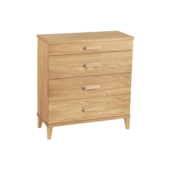 Byrå i ek med fyra lådor och smala handtag i ljust trä med moderna ben