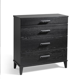 Svart byrå med fyra lådor och silverfärgade handtag, modern design med trästruktur