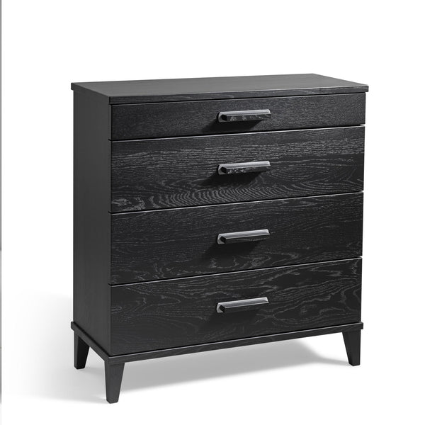 Svart byrå med fyra lådor och silverfärgade handtag, modern design med trästruktur