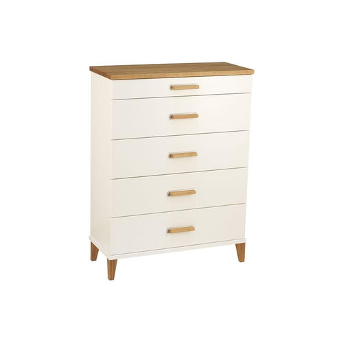 Vit byrå med fem lådor och trätopp i ek, moderna trähandtag och ben i skandinavisk design