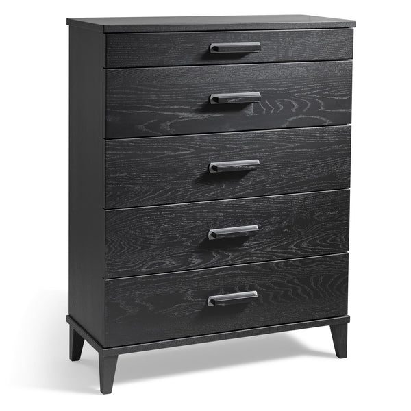 Svart byrå med fem lådor och moderna metallhandtag, elegant design med synlig trästruktur