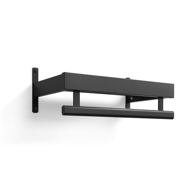 Svart träkonsol med hängare till väggmontering, modern hallmöbel i minimalistisk design