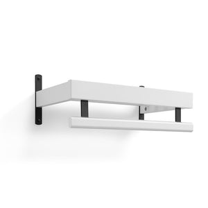 Vit väggmonterad hylla med svarta fästen i modern design, hopfällbar och utdragbar konstruktion