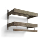 Tvålagrad väggmonterad vinhylla i brunt trä med metallbeslag och plats för vinflaskor