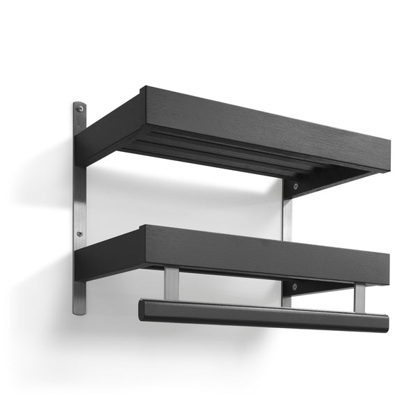 Svart väggmonterad hylla med två nivåer och handdukshängare i metall och trä