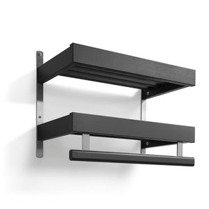 Svart väggmonterad handdukshylla med två hyllplan och handduksstång i modern design