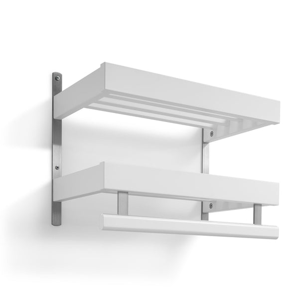Vit väggmonterad hylla med två nivåer och rostfria fästen för förvaring i kök eller badrum