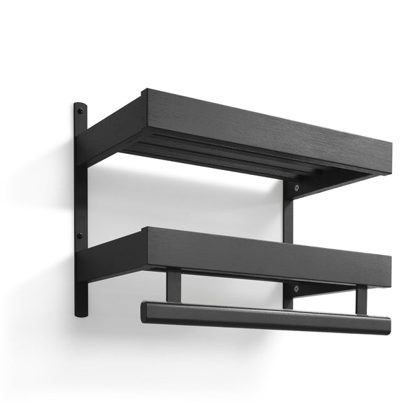 Svart väggmonterad hylla med två nivåer och hängstång i metall för förvaring