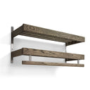 Väggmonterad hylla med två träplan och rundstav i mörkt trä med metallbeslag i borstat stål