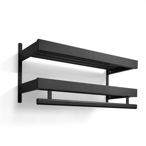 Svart väggmonterad hylla med två nivåer och hängstång i trä och metall