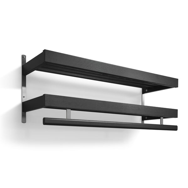 Svart väggmonterad hylla med två hyllplan och rundstav i metall, modern skandinavisk design