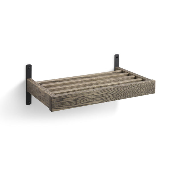 Väggmonterad träyllla med slatted design och svarta metallfästen i rustik grå finish