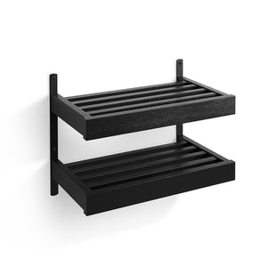 Svart väggmonterad hylla med två nivåer i trä med ribbor, modern minimalistisk design