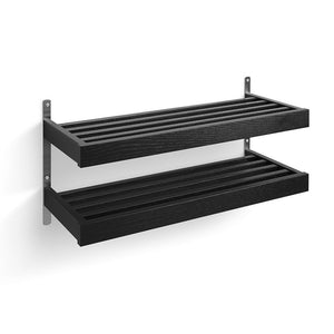 Svart tvånivå skoställ i trä med metallbeslag för väggmontering