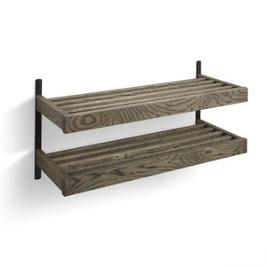 Tvådelad väggmonterad hylla i mörkgrått trä med synlig årsring, svarta metallkonsoler för väggmontering