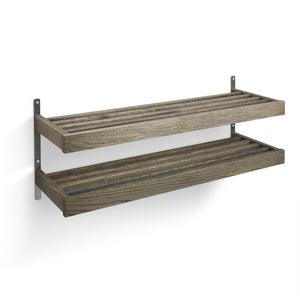 Tvådelad väggmonterad hylla i grått trä med metallbeslag för förvaring
