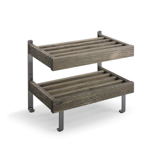 Tvåhyllad förvaringsställning i grått trä med metallben, industriell design för förvaring