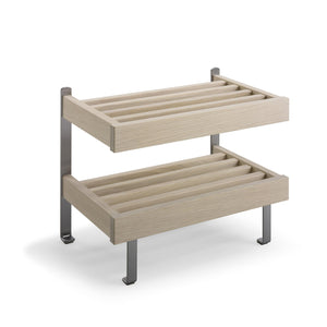 Tvådelad hylla i ljust trä med metallben, slatted design för förvaring och display