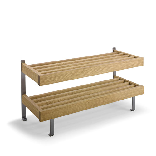 Tvåplanshylla i ek med grå metallben, slatted design för förvaring och organisation