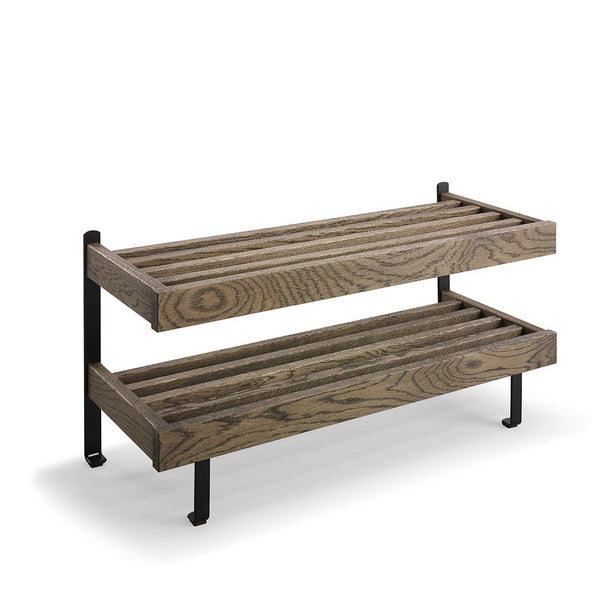 Skoställ i trä med två hyllplan och svarta metallben, rustik design för hallförvaring