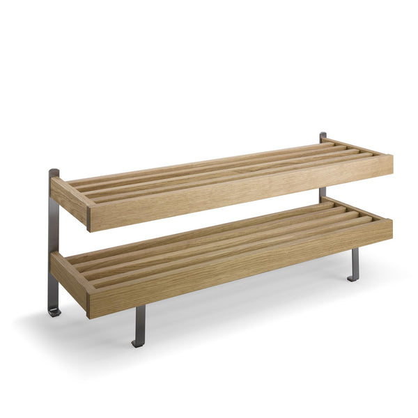 Tvådelad skohylla i ek med metallstativ, slatted design för ventilation och förvaring av skor