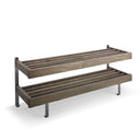 Tvåplanshylla i mörkgrått trä med metallben för skoförvaring och organisering