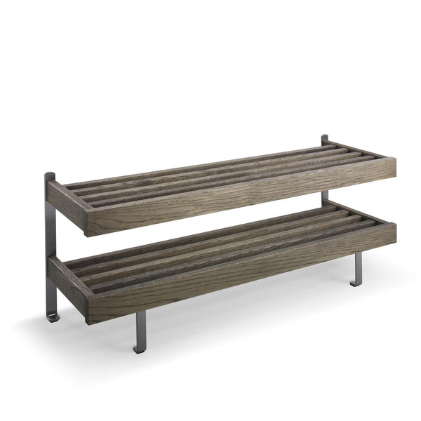 Tvådelad skohylla i grått trä med metallställning för förvaring av skor