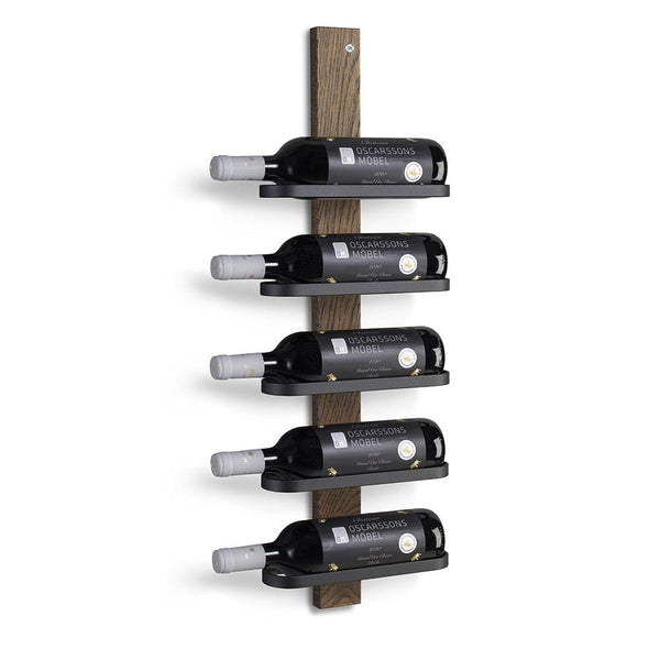 Vinställ i trä och metall för väggmontering med plats för 5 vinflaskor i vertikal design