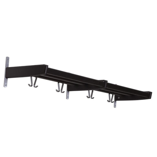 Svart väggmonterad hatthylla med krokar i metall, vikbar design för smal förvaring