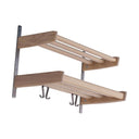 Väggmonterad hylla med krokar i trä och metall, två nivåer för förvaring av kläder och tillbehör