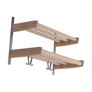 Väggmonterad hylla med krokar i trä och metall, två nivåer för förvaring av kläder och tillbehör