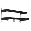 Väggmonterad svart hattlista med två hyllplan och krokar i metall för förvaring av kläder och hattar