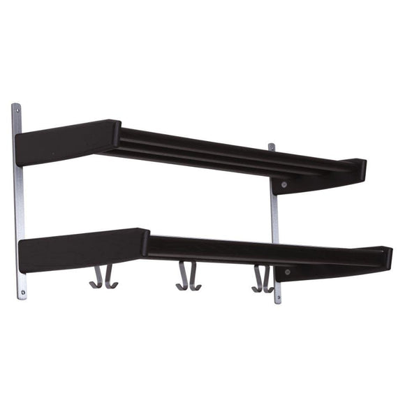 Väggmonterad svart hattlista med två hyllplan och krokar i metall för förvaring av kläder och hattar
