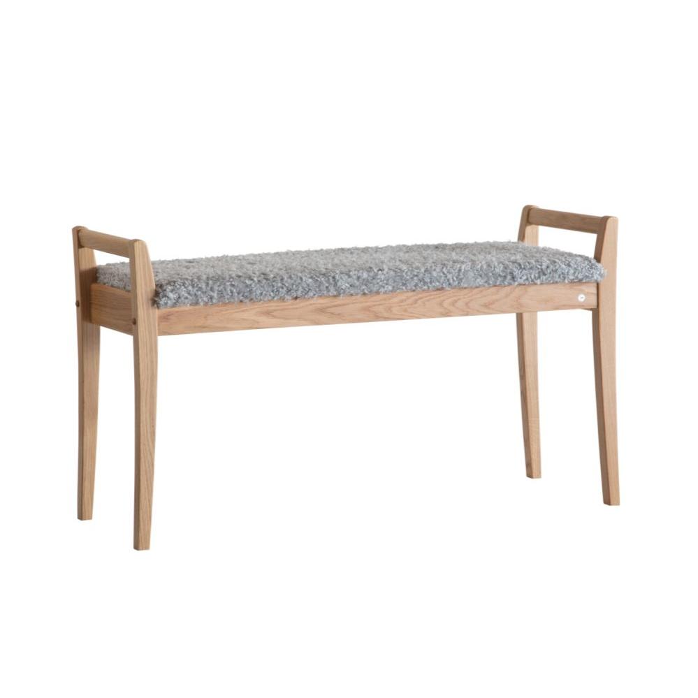 Bänk i ek med grå ullig sits och ryggstöd, skandinavisk design