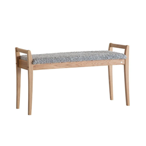 Bänk i ek med grå ullig sits, moderna träben och handtag på sidorna