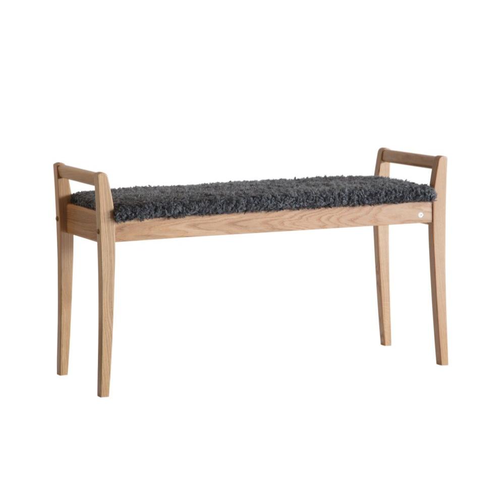Bänk i ek med grå ullig sits och handtag i trä