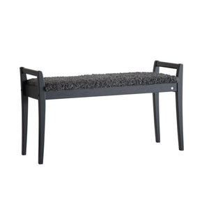 Smal hallbänk i svartbetsad ek med grå skinnimitation, perfekt för skor och förvaring i hallen