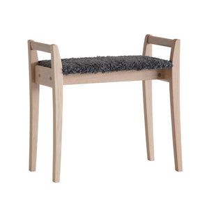 Pall i ljust trä med grå fluffig sits och handtag på sidorna