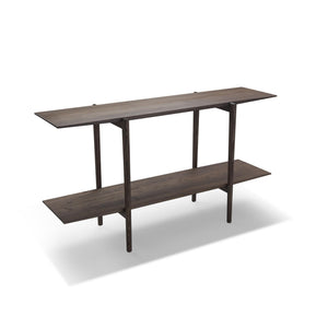 Modern konsolbord i mörkgrått trä med två hyllplan och smala ben