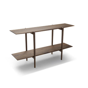 Tvåhyllad konsollbord i mörkbrun träfärg med smala ben och moderna raka linjer