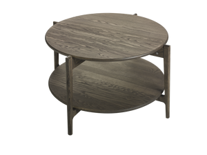 Runt soffbord i mörkgrått trä med två nivåer och moderna ben