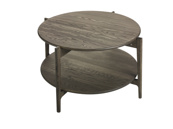 Runt soffbord i mörkgrått trä med två nivåer och moderna ben