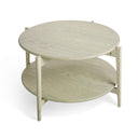 Runt soffbord i ljust trä med två hyllplan och korsformade ben i skandinavisk design